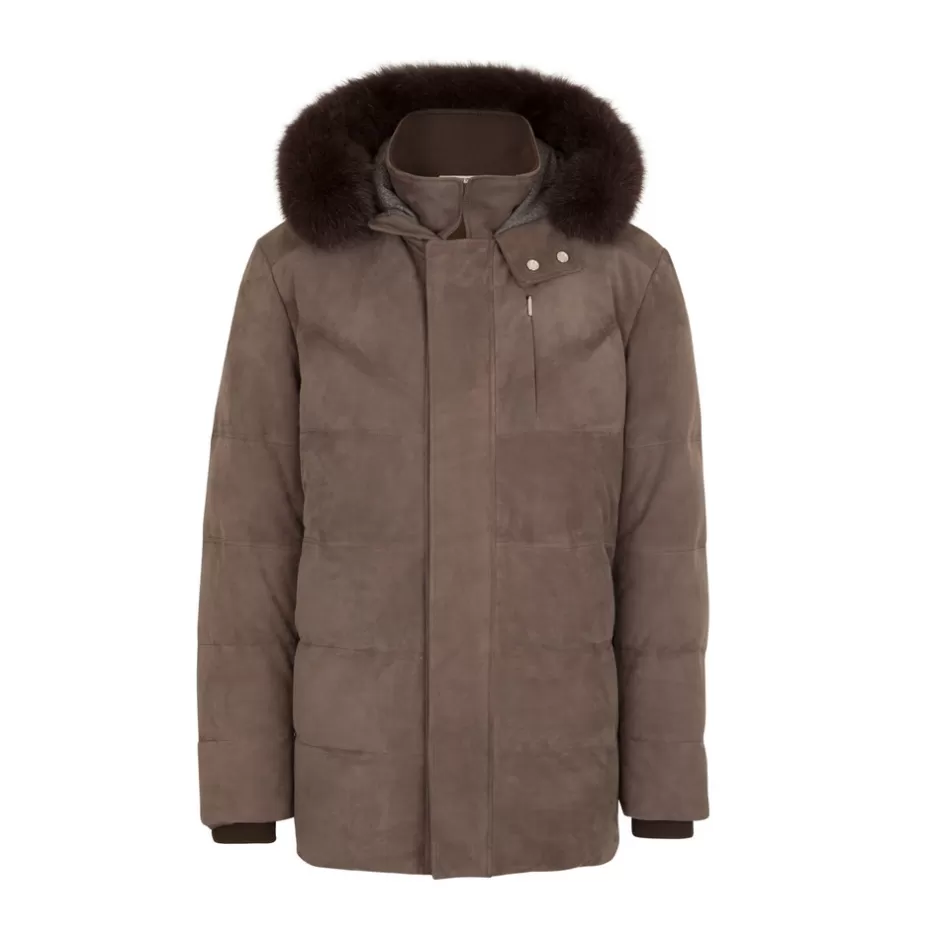 NUBUCK PADDED JACKET WITH FOX FUR HOOD | Stefano Ricci Best Sale