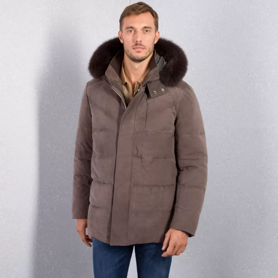 NUBUCK PADDED JACKET WITH FOX FUR HOOD | Stefano Ricci Best Sale
