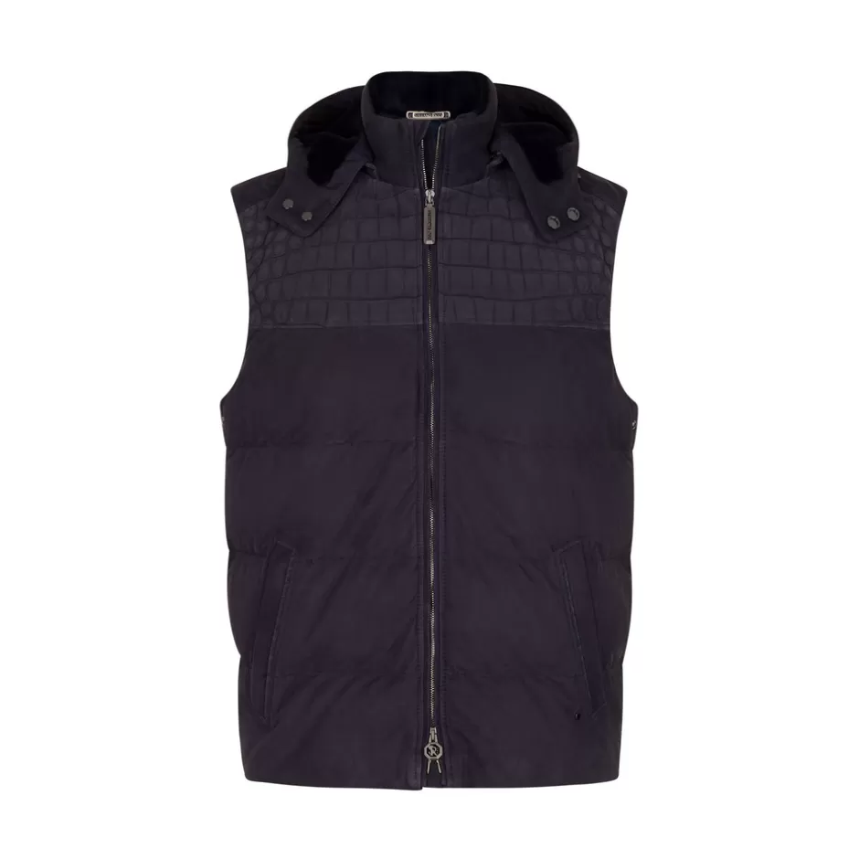 SUEDE AND CROCODILE LEATHER HOODED GILET | Stefano Ricci Sale