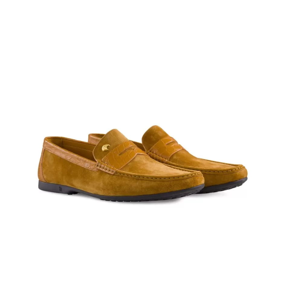 SUEDE AND MATTED CROCODILE LEATHER PENNY SLOT LOAFERS | Stefano Ricci Shop